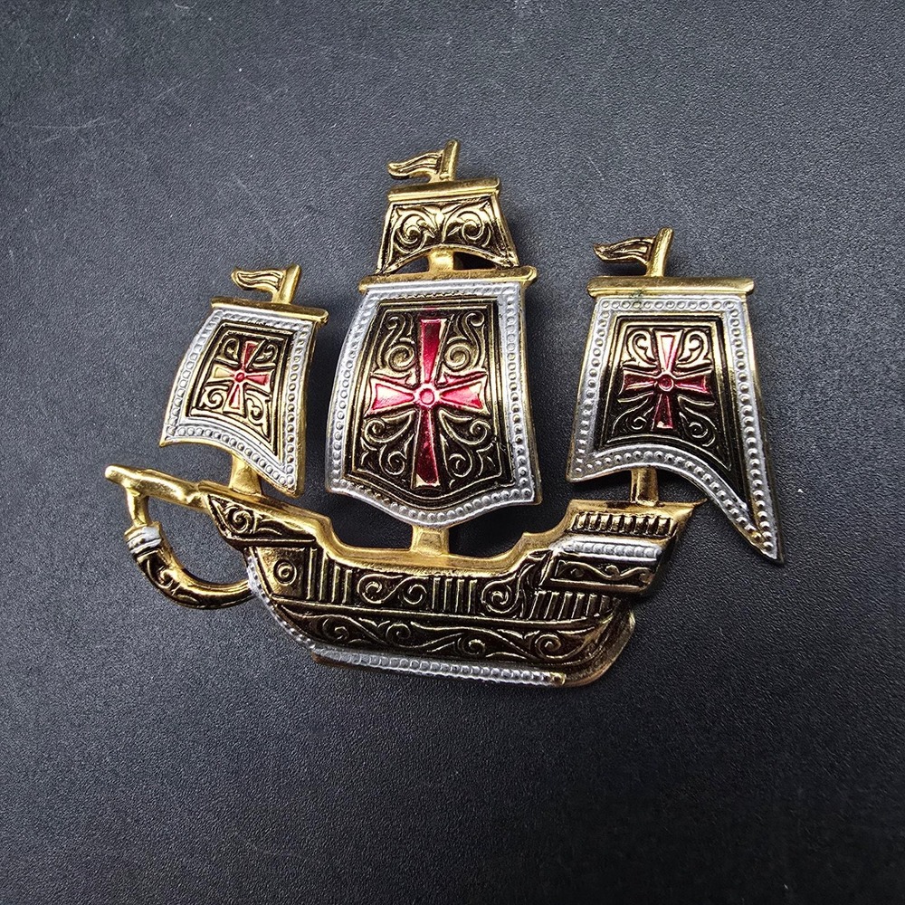 Damascene Ship Boat Brooch Gold Tone White Black Red Spain Vintage